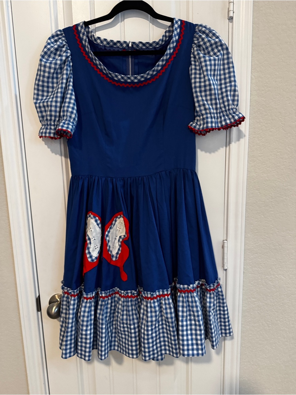 Vintage Dress Womens Blue Gingham Prairie Puff Sleeve Ric Rac Applique Midi